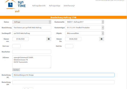 synTIME-Web Externer Auftrag ermöglicht die Übermittlung von Auftragsanfragen an Auftragnehmer, mit Annahme- und Ablehnungsoption sowie Statusaktualisierung.