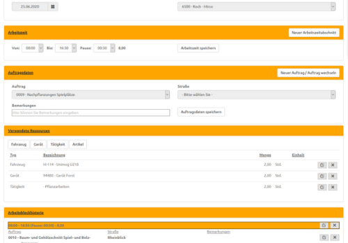 synTIME-Web Tätigkeitsnachweis ermöglicht die Erfassung von Tätigkeiten, Zeiten und Materialien für Aufträge über PC, Tablet oder Handy. Die Daten können mit synTIME-Control kontrolliert und an den synTIME-Bauhof übergeben werden.