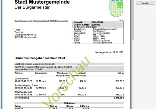 Hier sehen Sie eine grafische Darstellung des Grundbesitzabgabenbescheids, der mit der DATEV Software erstellt wurde.